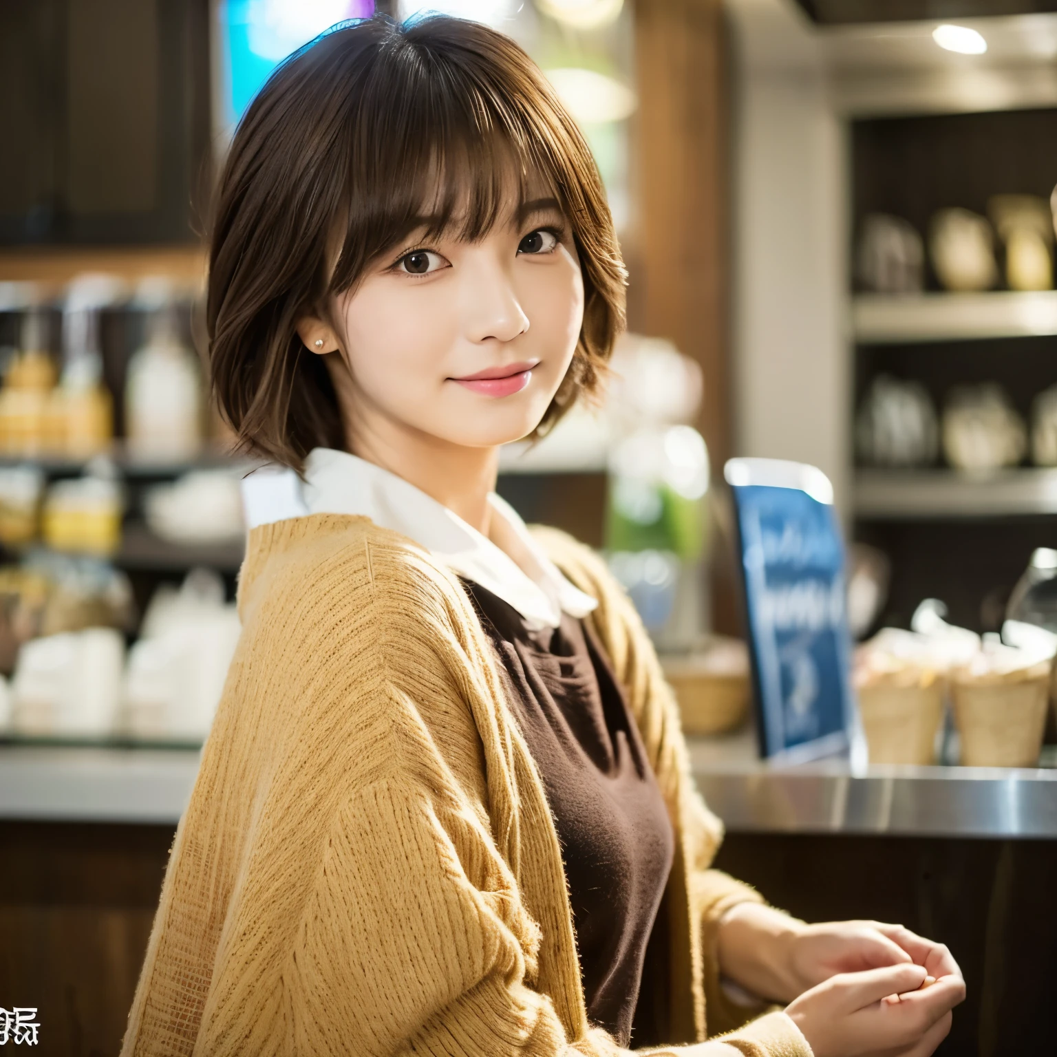 super high quality, Short Hair, Slender, Gravure photoshoot, The staff is working at the counter in the back., (8k、RAW Photos、highest quality、masterpiece:1.2), Japanese Idol, Shaggy, Sportswear, Stylish café, (Realistic、Photorealistic:1.37), Mesh Hair, Normal chest, Urban Cafe, Golden Ratio, Raw photo, Cute face , Light Brown Hair, Bright cafe interior, Blurred Background, Spring Clothes, A sweet expression, Watching the audience, Beautiful hairstyle, 20-year-old, Hair blowing in the wind, Neat clothes, 
