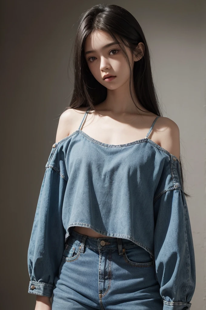 20 year old girl, blue short jean, blue top, long hair, high contrast (Natural skin texture, Hyperrealism, Soft Light, sharp), portrait, standing