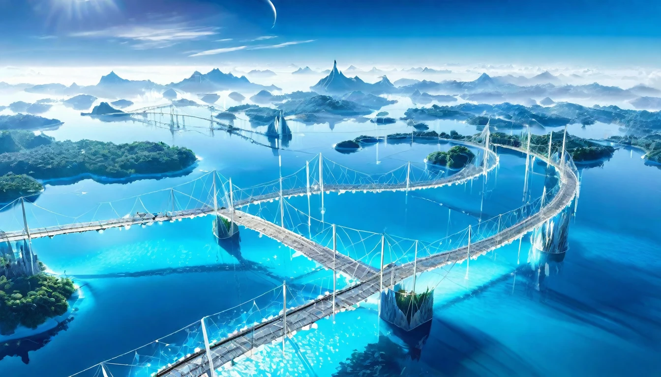 A surreal dreamscape of floating metallic islands, each with its own unique design and purpose, connected by shimmering bridges of light.