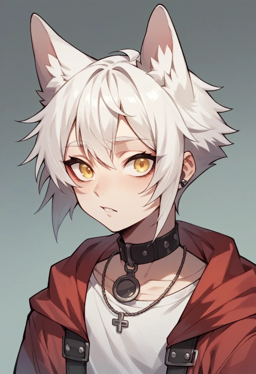 Anime character, large red hood with fur inside, Androgynous but sharp features, Yellow eyes, White hair with grey tips, wolf cut, gender netural