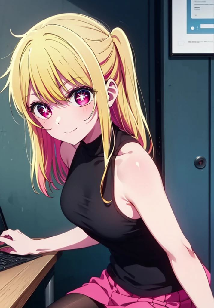 rubyhoshino, Hoshino Ruby, Long Hair, bangs, Blonde, (Pink Eyes:1.3), (Symbol-shaped pupil:1.5), Multicolored Hair, Two-tone hair, happy smile, smile, Close your mouth,
break, Cold Shoulder Shirt,Short sleeve,Long skirt,Black pantyhose,Stiletto heels,There is a computer on the table,Are standing,interior,whole bodyがイラストに入るように,Daytime,Clear skies,
break indoors, office,
break looking at viewer, whole body,
break (masterpiece:1.2), Highest quality, High resolution, unity 8k wallpaper, (figure:0.8), (Beautiful attention to detail:1.6), Highly detailed face, Perfect lighting, Highly detailed CG, (Perfect hands, Perfect Anatomy),