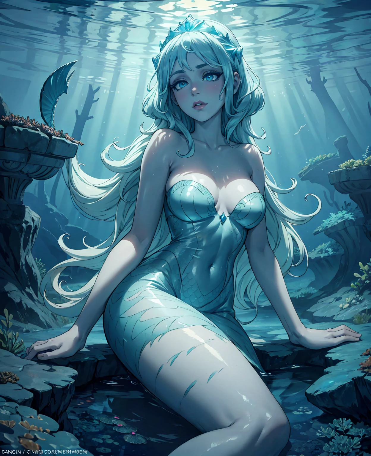 Kierna shipka as mermaid, fantasy, 1girl, mermaid, beautiful detailed eyes, beautiful detailed lips, extremely detailed face, long eyelashes, underwater scene, detailed coral reef, ocean waves, glowing bioluminescent plants, sunlight filtering through water, iridescent scales, detailed flowing hair, magical fantasy atmosphere, dramatic lighting, cinematic composition, vibrant colors, highly detailed, photorealistic, 8k