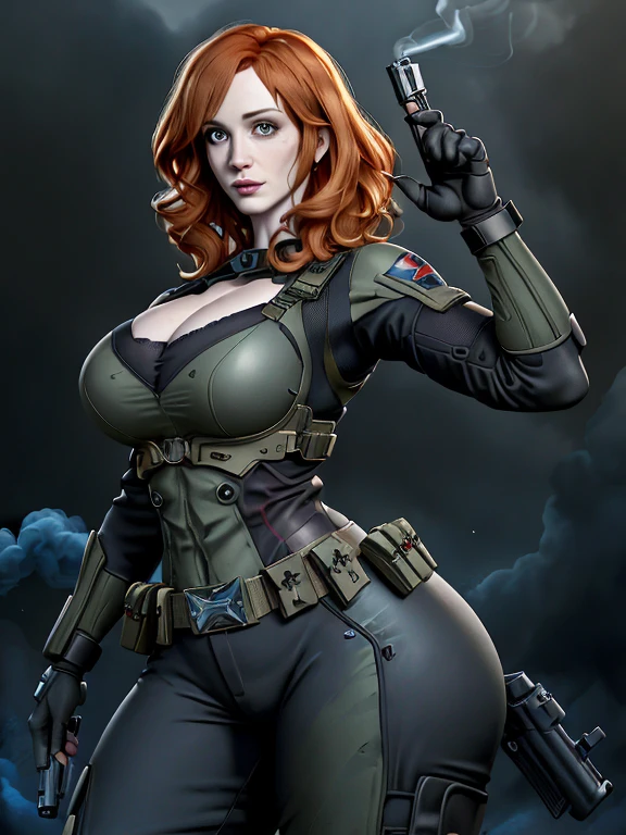 Imagine Christina Hendricks as an Resident Evil character, Christina Hendricks as a video game character, Resident Evil, Christina Hendricks in a survival horror shooter video game, created in Mark Fillion style. High-quality facial research of Christina Hendricks, (Christina's sculpted cheekbones and slight wrinkles around the face), 48 years old, High-quality detailed research of Christina Hendricks voluptuous figure. Body armor, black armored suit, cleavage, high-tech goggles, metallic utility belt, metal arm bands, gun holsters, fingerless gloves. Glamorous, confident expression, fierce and powerful stance.((aiming at the viewer with a gun)), action pose, dynamic pose. Dramatic lighting,high contrast,highly saturated colors,shadows and highlights, 8k wallpaper, smoke and shadows surrounding her
