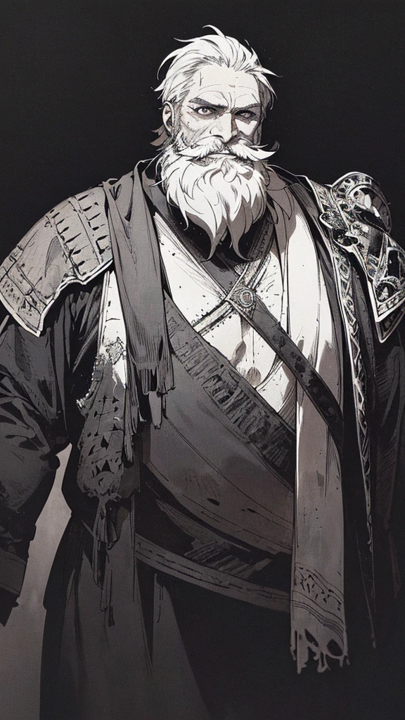 Best quality, (background_detail), high_contrast, detail_original_illustration, warrior, muscular, villain_face, armor, full_body, holding_sword, medieval, deep_wrinkles_on_eyebrows, middle_aged_man, dark_stitch_landscape, (dramatic_lighting:1. 25), (shaded_background:1.2), (gray_back hair:1.) (Short_beard_beard:1.2), Large figure, Delicate face, Evil smile, Sharp eyes, Black background, (Black background:1. 5) Beautiful line drawing, Black and white