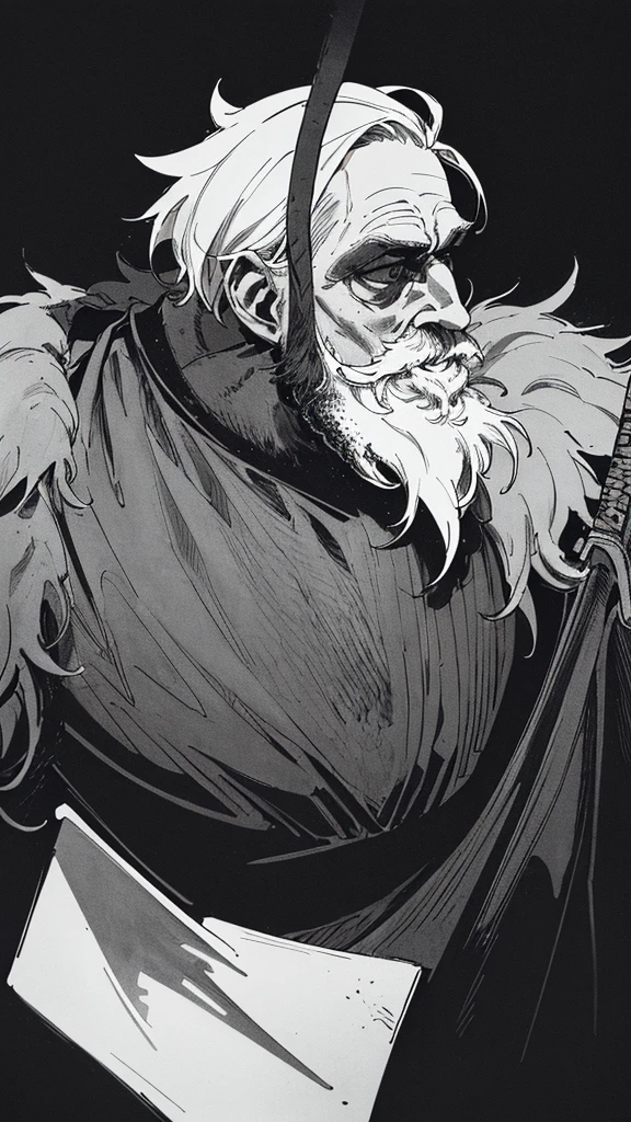 Best quality, (background_detail), high_contrast, detail_original_illustration, warrior, muscular, villain_face, armor, full_body, holding_sword, medieval, deep_wrinkles_on_eyebrows, middle_aged_man, dark_stitch_landscape, (dramatic_lighting:1. 25), (shaded_background:1.2), (gray_back hair:1.) (Short_beard_beard:1.2), Large figure, Delicate face, Evil smile, Sharp eyes, Black background, (Black background:1. 5) Beautiful line drawing, Black and white