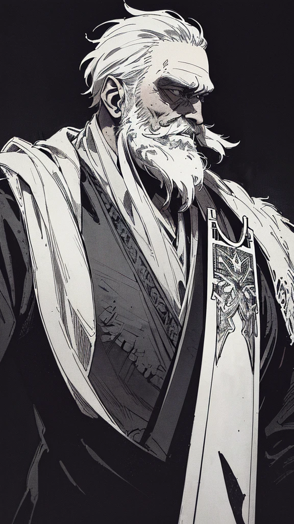 Best quality, (background_detail), high_contrast, detail_original_illustration, warrior, muscular, villain_face, armor, full_body, holding_sword, medieval, deep_wrinkles_on_eyebrows, middle_aged_man, dark_stitch_landscape, (dramatic_lighting:1. 25), (shaded_background:1.2), (gray_back hair:1.) (Short_beard_beard:1.2), Large figure, Delicate face, Evil smile, Sharp eyes, Black background, (Black background:1. 5) Beautiful line drawing, Black and white