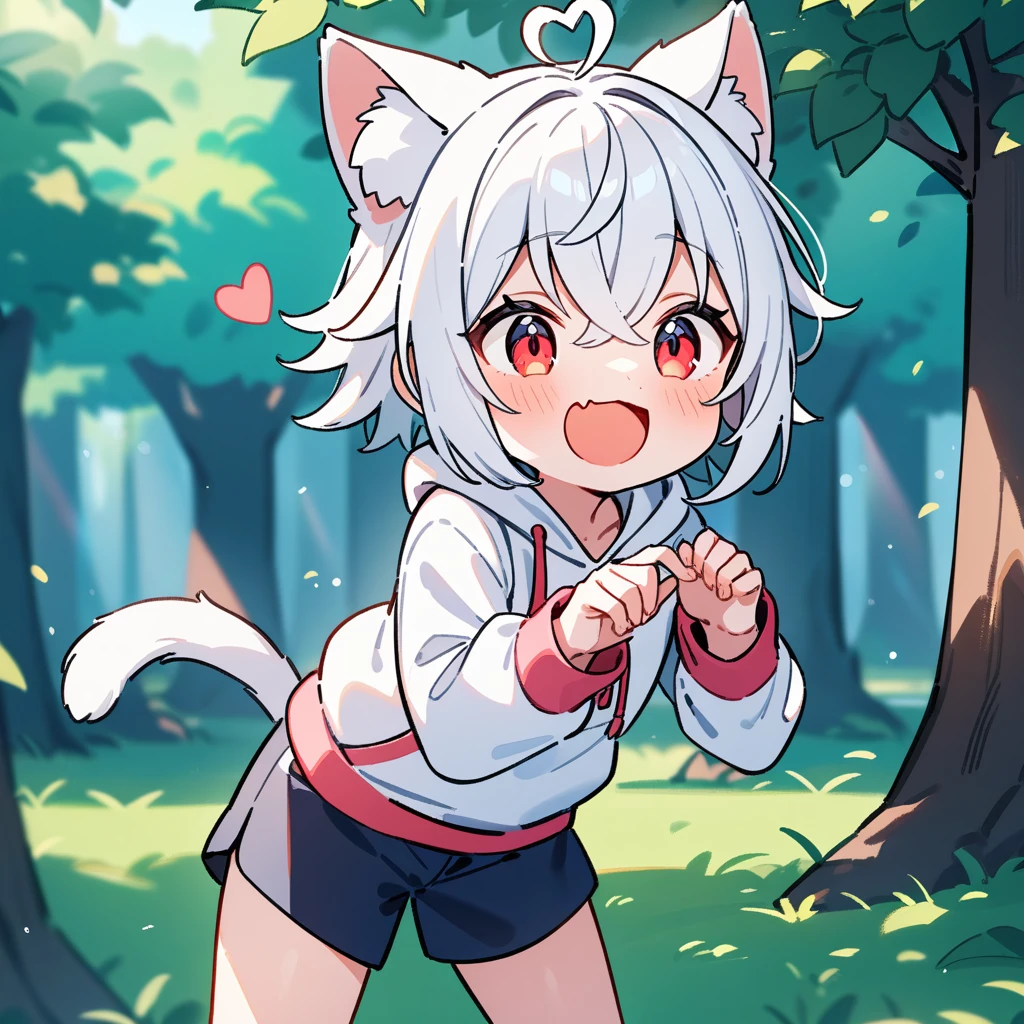(masterpiece:1.2,high quality),8K,High resolution,A seven-year-old boy,cute boy,white hair,short hair,crossed bangs,red eyes,heart ahoge,cat ears,laughing,skin fang,Halation,Wearing a white hoodie,Dark blue shorts,Stand in the forest,There are flowering trees on both sides.,primary school student,thigh,alone,cat tail,(Put your hands in your pockets)