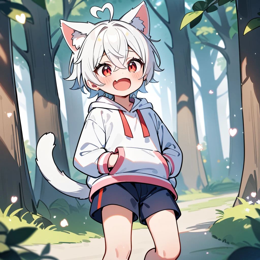 （masterpiece：1.2，high quality），8K，High resolution，A seven-year-old boy，cute boy，white hair，short hair，crossed bangs，red eyes，heart ahoge，cat ears，laughing，skin fang，Halation，Wearing a white hoodie，Dark blue shorts，Stand in the forest，There are flowering trees on both sides.，primary school student，thigh，alone，cat tail，（Put your hands in your pockets）