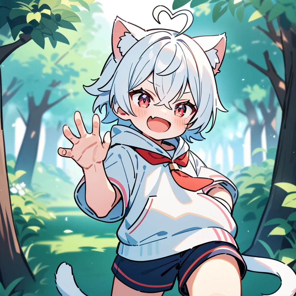 (masterpiece:1.2,high quality),8K,High resolution,A seven-year-old boy,cute boy,white hair,short hair,crossed bangs,red eyes,heart ahoge,cat ears,laughing,skin fang,Halation,Wearing a white hoodie,Dark blue shorts,Stand in the forest,There are flowering trees on both sides.,primary school student,thigh,alone,cat tail,(Put your hands in your pockets)