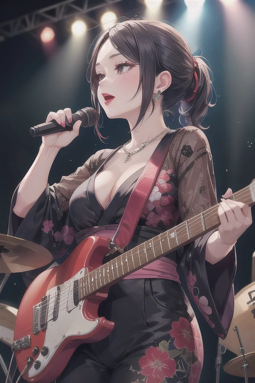 4 beautiful mature Japanese women aged 55, rock band, Four-piece band, Long eyelashes, Low Ponytail, Red lipstick, Pearl Necklace, Earrings, Dark eyeshadow, Cleavage, Flashy clothing, guitar, base, drums and vocals, 