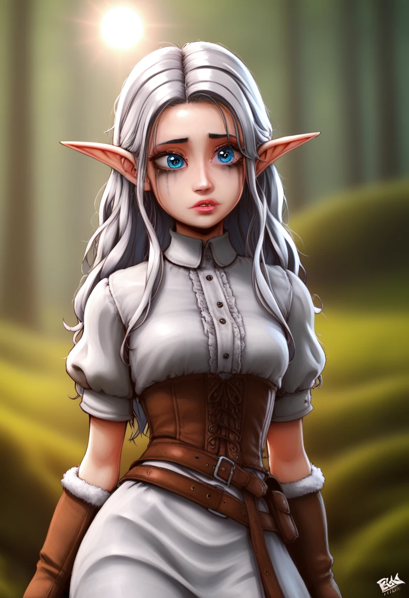 mdnn, (sharp focus:1.2), portrait, attractive young woman, (beautiful face:1.1), detailed eyes, luscious lips, (eye makeup:1.2), (tight body:1.2). (morning sun lighting:1.2), depth of field, bokeh, 4K, HDR. by (James C. Christensen:1.2|Jeremy Lipking:1.1) a small gnome girl with pale skin, very long wavy silver hair covering one eye, bright blue anime-style eyes with long lashes, wearing a corset, white puffy long sleeved shirt, and puffy cloth pants, leather bound boots, set in a windy fantasy landscape, (best quality, 4k, 8k, highres, masterpiece :1.2),ultra-detailed,dungeons and dragons, long elf ears, detailed skin and cloth textures, cute detailed face, intricate details, extremely detailed, 1girl, dynamic pose with hair covering one eye, shy personality, puffy cloth pants with leather belt, detailed privateer outfit, detailed buccaneer outfit, pouch on belt, wearing ornate leather armor with fur trim, silver inlay detail, wearing fur trimmed boots, wearing fur trimmed gloves, short, short height, halfing girl, small girl, very long detailed flowing hair, big head, big round eyes, windy, wind blown hair, wirey muscles, fighter, dynamic angle, kineticist, pathfinder, pathfinder kineticist, wind kineticist, pouty lips
