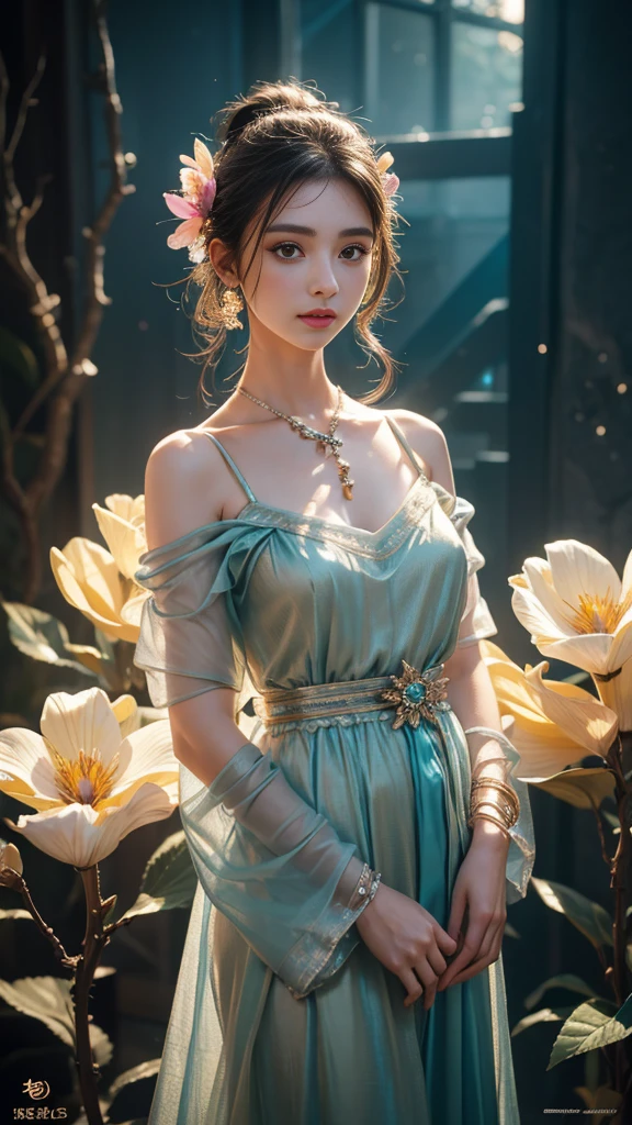 8K, UHD, 1 girl, 18 years old, teal firefly clothes, nappy, strap clothes, glowing clothes, ornaments, exquisite faces, details, hands, ultimate details, amazing magnificence, Pedaipan style, fiber hair, glowing te.5al iris, ((glowing flower)),