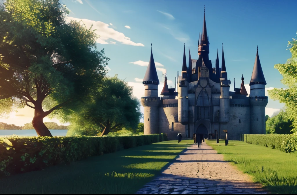 a path leads us to a castle, sunny blue skies, gothic architecture, walls, calm after storm, 3d