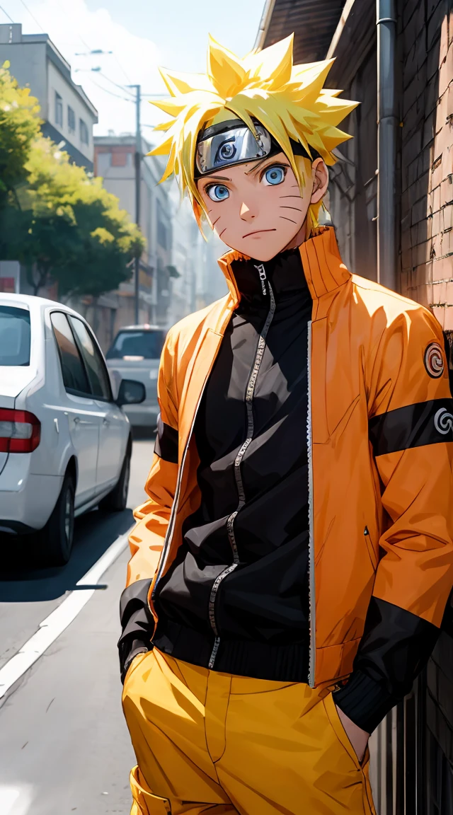 Masterpiece, Superb Style, streewear chothes, Outdoor, half Body, Uzumaki Naruto, blue eyes, short yellow hair,a boy