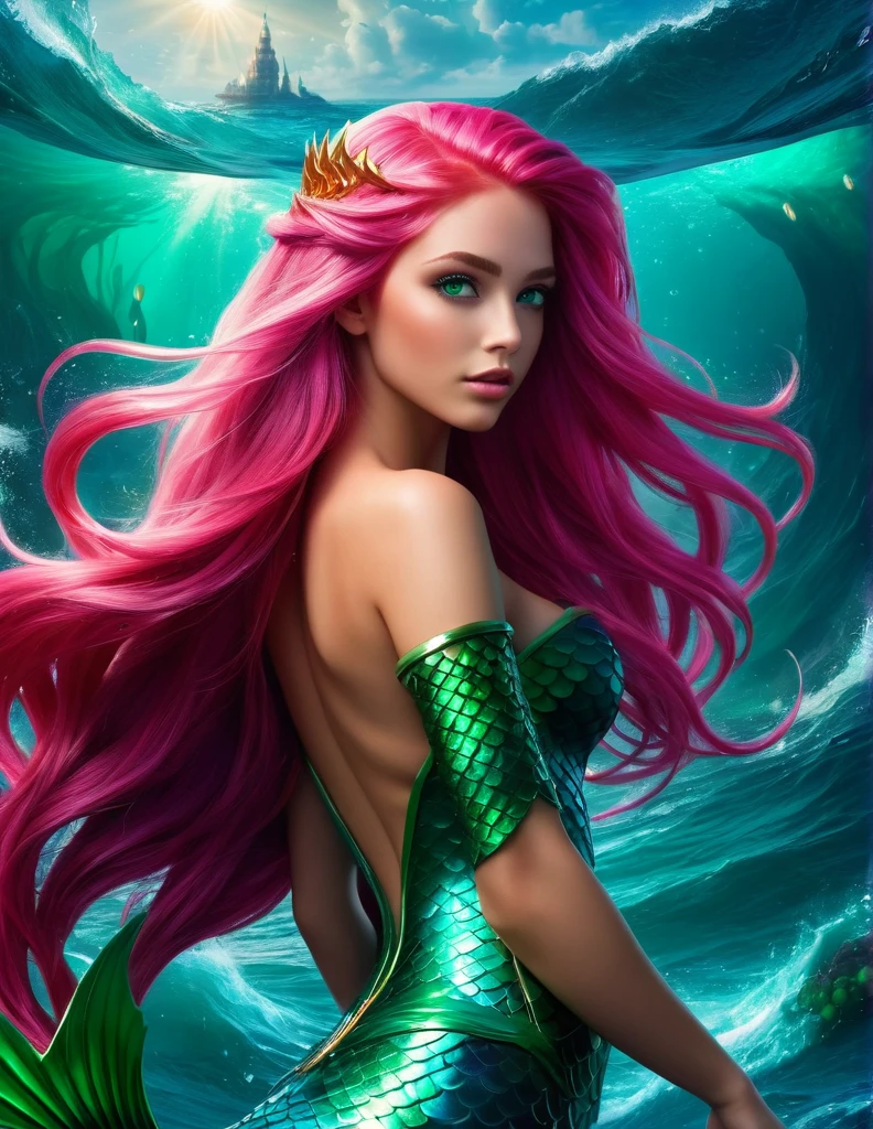 very attractive 25 year old girl with long bright pink hair, Mermaid Princess, Imagine a Powerful hot attractive back body view sparkle skin mermaid princess with shiny green eyes and powerful Trident,falling heavy hair,who is ruling the Ocean empire, Epic cinematic brilliant stunning intricate meticulously detailed dramatic atmospheric maximalist digital matte painting