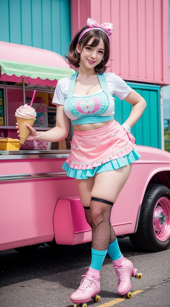 masterpiece, insanely detailed, best quality, anime style, anime, beautiful and aesthetic, fun and nostalgia of roller skating with the sweetness of an ice cream vendor, colorful and retro-inspired roller skating outfit, fitted top with playful ice cream cone prints or patterns and matching high-waisted shorts or a skirt, knee-high socks or fishnet stockings and retro roller skates in vibrant colors like pink or turquoise, retro-style apron with pockets filled with fake ice cream cones or other sweet treats, matching headband or hair bow and a big smile, ready to skate around and serve up some delicious treats, dutch angle, pose, action, smile, cuje, kawaii, pop, at the front of retro anerican diner like Mel's drive-in