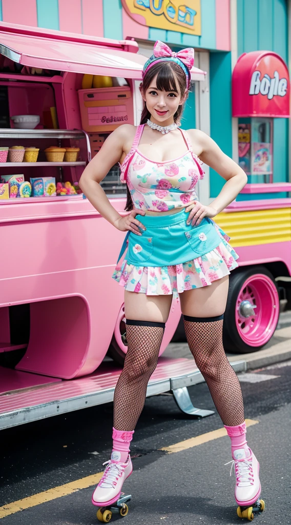 masterpiece, insanely detailed, best quality, anime style, anime, beautiful and aesthetic, fun and nostalgia of roller skating with the sweetness of an ice cream vendor, colorful and retro-inspired roller skating outfit, fitted top with playful ice cream cone prints or patterns and matching high-waisted shorts or a skirt, knee-high socks or fishnet stockings and retro roller skates in vibrant colors like pink or turquoise, retro-style apron with pockets filled with fake ice cream cones or other sweet treats, matching headband or hair bow and a big smile, ready to skate around and serve up some delicious treats, dutch angle, pose, action, smile, cuje, kawaii, pop, at the front of retro anerican diner like Mel's drive-in