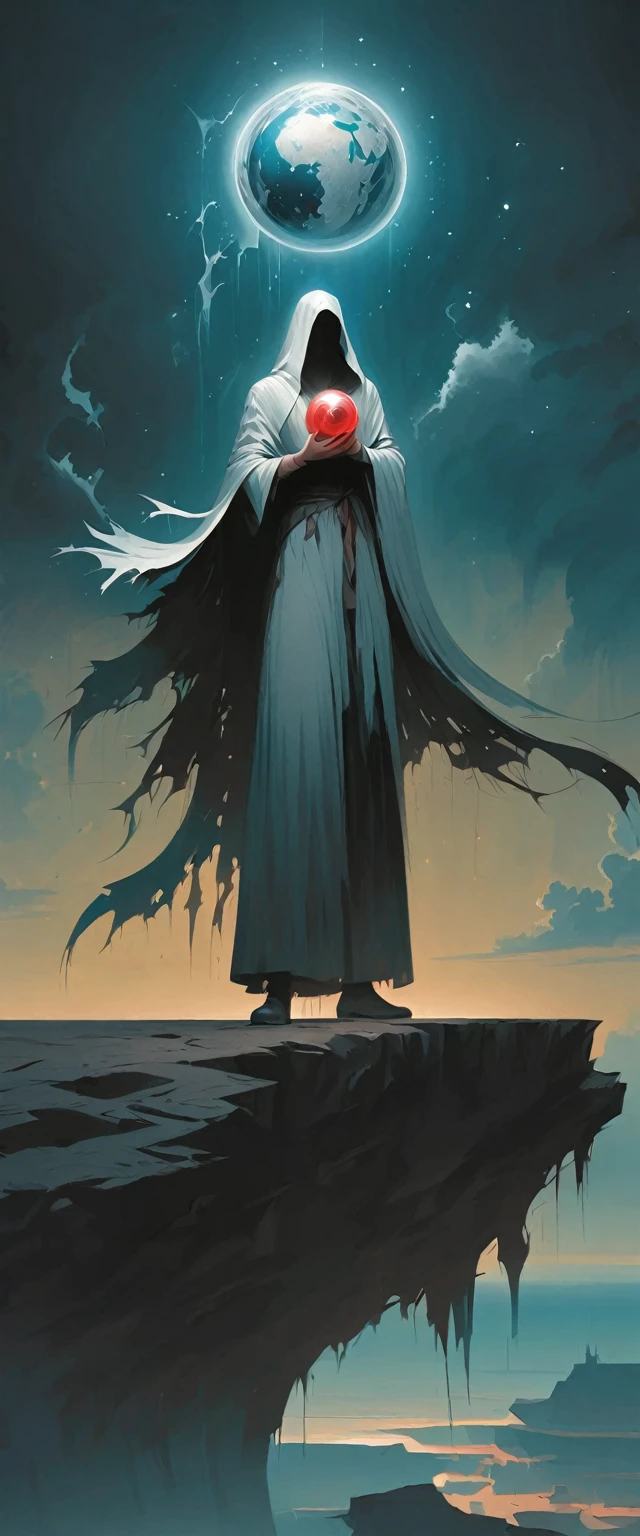 Astrologer standing on the edge of a cliff,Holding a magic ball in hand,Alex Andreev Style - Absurd、Fear、Minimalist Surrealism