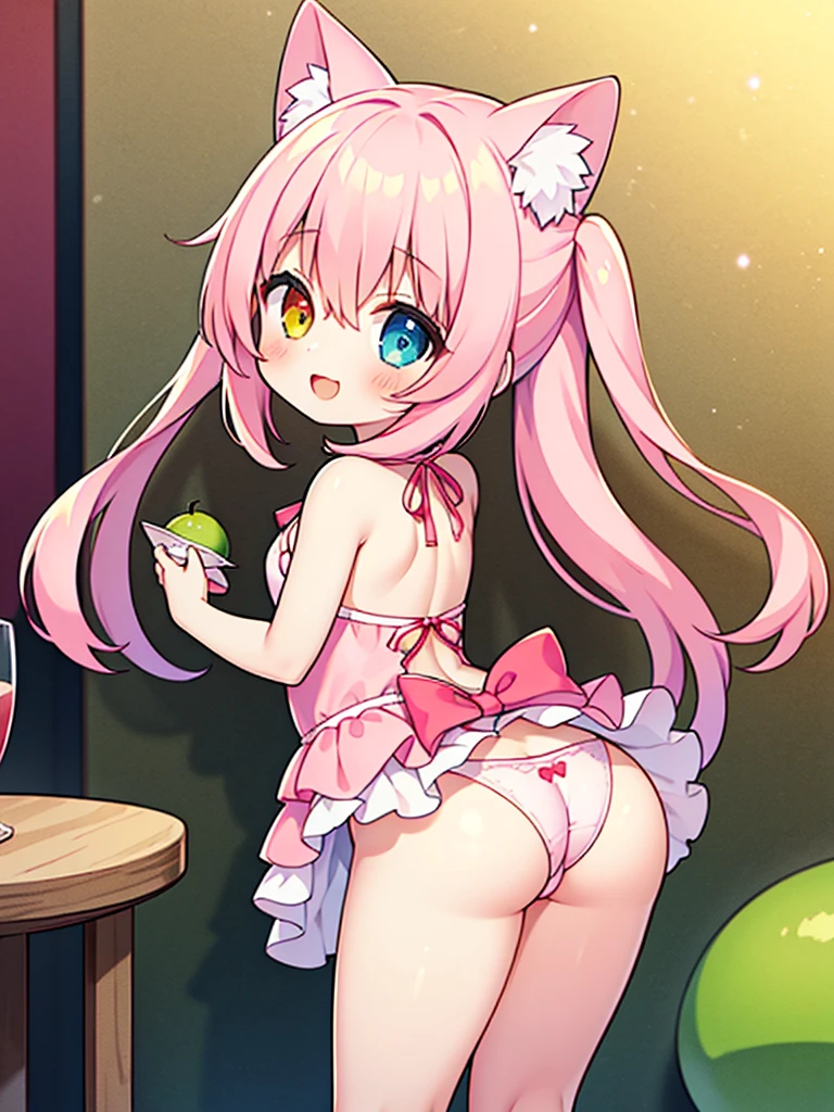 masterpiece, highest quality,excellent anatomy、1 girl cute girl, pink hair, tiny red thong, back view, looking back , light pink hair、heterochromia eyes、idol type、cute lime green dress、Heart-shaped shining eyes、a smile that charms you, perfect ass, big ass, stonkings.