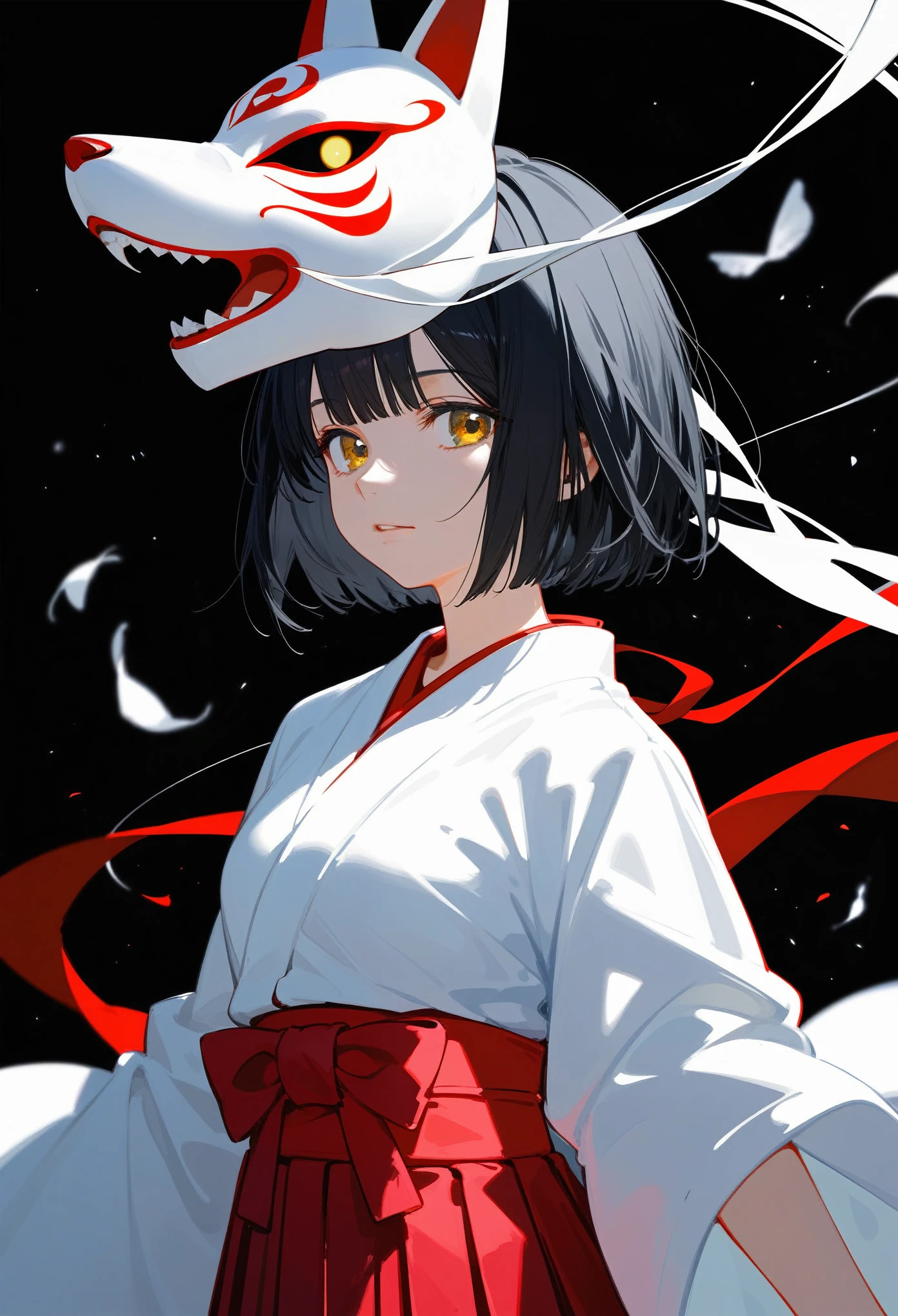 (score_9, score_8_up, score_7_up), absurdres, best quality, official art, masterpiece, attention to detail, by erere, 1girl, short hair, reverse bob cut, black hair, miko, fox mask, mask on, Japanese clothes, kimono, white kosode, white kimono, red hakama skirt, sleeves past wrists, upper body, black background, simple background, masterpiece, Very aesthetic, best quality, white background