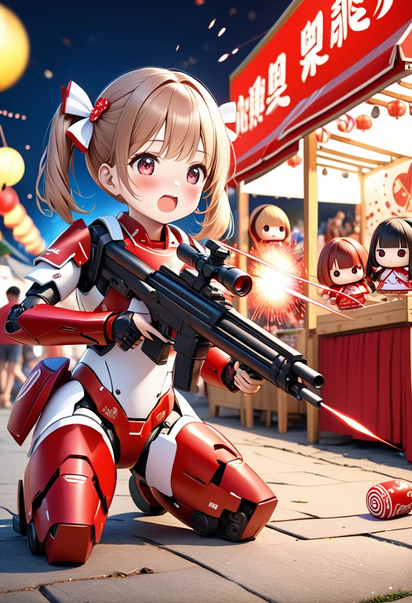 1girl in robot armor, red twin-tails, red and white barrette, red and white body armor, stylish, aiming laser rifle at doll target, cute and comical depiction, night market stall owner in panic, fallen over target and kokeshi dolls, laser firing effect, summer festival background, humorous, (best quality,4k,8k,highres,masterpiece:1.2),ultra-detailed,(realistic,photorealistic,photo-realistic:1.37),HDR,UHD,studio lighting,ultra-fine painting,sharp focus,physically-based rendering,extreme detail description,professional,vivid colors,bokeh,CG illustration