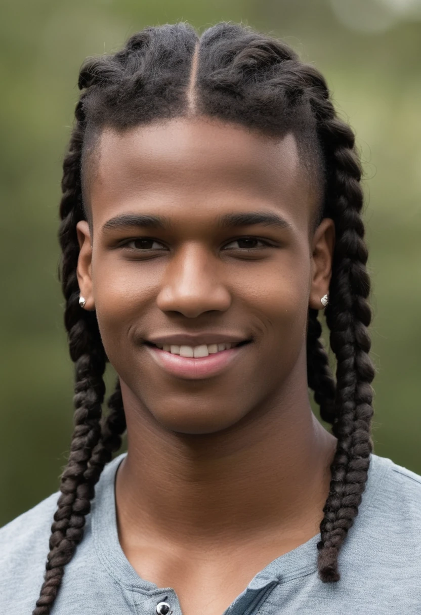 16 year old teenage boy, extremely dark black skin, brown brown eyes, rectangular face, shoulder-length curly medium black hair with stylish nagô braids, thick lips, double chin, defined jaw, six pack abs, convinced smile, stylish, appealing, sensuous, young boy, Adam&#39;s apple prominent on the neck, leather bomber jacket with metal details, button-down shirt under the jacket, Sweatpants, wearing sports shoes, combining neutral tones with vibrant colors, silver rings with geometric notches inspired by African culture, chain necklace with cross pendant, braided leather bracelet, colorful bead bracelets, Erect and confident posture, broad shoulders and a well-defined silhouette, You can notice the definition of your muscles even in loose clothing, in a large garden with a mansion in the background of the image.