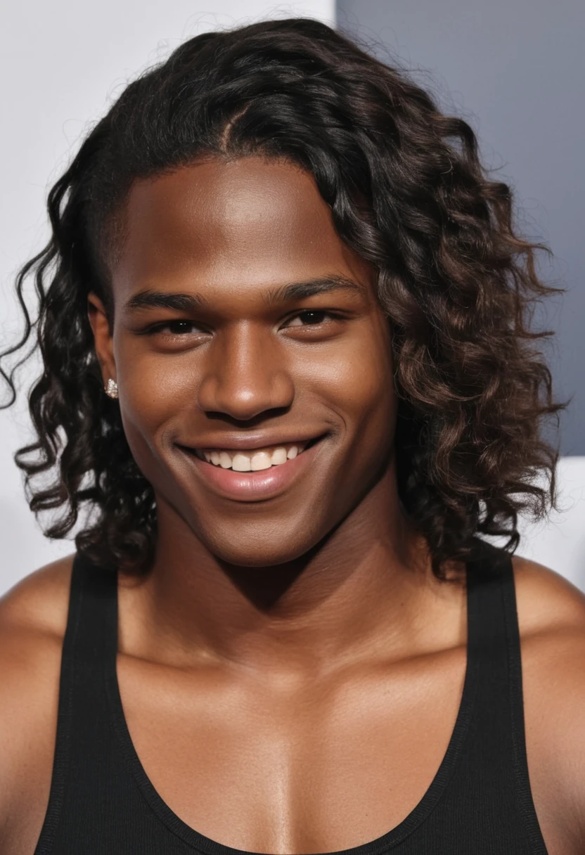 16 year old teenage boy, extremely dark black skin, brown brown eyes, rectangular face, shoulder-length curly medium black hair with stylish nagô braids, thick lips, double chin, defined jaw, six pack abs, convinced smile, stylish, appealing, sensuous, young boy, Adam&#39;s apple prominent on the neck, leather bomber jacket with metal details, button-down shirt under the jacket, Sweatpants, wearing sports shoes, combining neutral tones with vibrant colors, silver rings with geometric notches inspired by African culture, chain necklace with cross pendant, braided leather bracelet, colorful bead bracelets, Erect and confident posture, broad shoulders and a well-defined silhouette, You can notice the definition of your muscles even in loose clothing, in a large garden with a mansion in the background of the image.