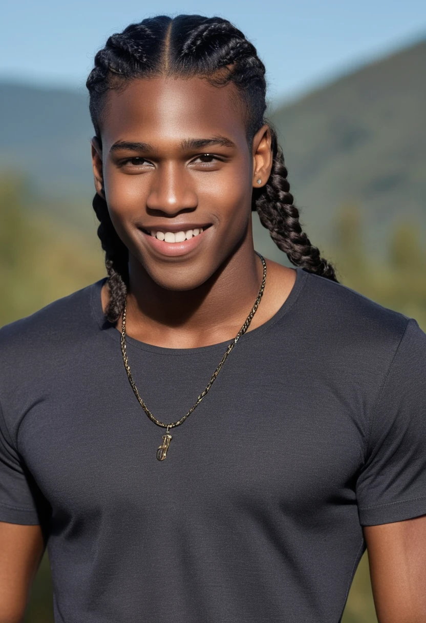 16 year old age boy, extremely dark black skin, brown brown eyes, rectangular face, shoulder-length curly medium black hair with stylish nagô braids, thick lips, double chin, defined jaw, six pack abs, convinced smile, stylish, appealing, sensuous, young boy, Adam's apple prominent on the neck, leather bomber jacket with metal details, button-down shirt under the jacket, Sweatpants, wearing sports shoes, combining neutral tones with vibrant colors, silver rings with geometric notches inspired by African culture, chain necklace with cross pendant, braided leather bracelet, colorful bead bracelets, Erect and confident posture, broad shoulders and a well-defined silhouette, You can notice the definition of your muscles even in loose clothing, in a large garden with a mansion in the background of the image.