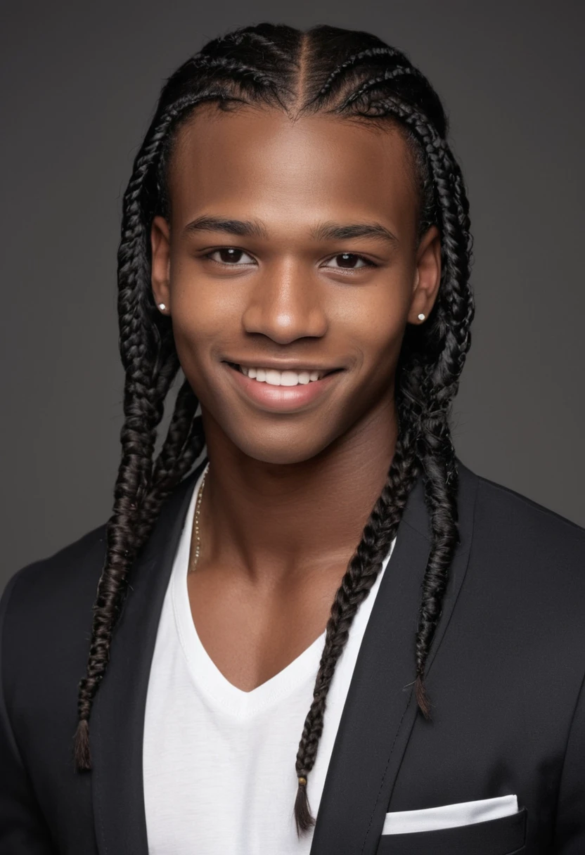 16 year old teenage boy, extremely dark black skin, brown brown eyes, rectangular face, shoulder-length curly medium black hair with stylish nagô braids, thick lips, double chin, defined jaw, six pack abs, convinced smile, stylish, appealing, sensuous, young boy, Adam's apple prominent on the neck, leather bomber jacket with metal details, button-down shirt under the jacket, Sweatpants, wearing sports shoes, combining neutral tones with vibrant colors, silver rings with geometric notches inspired by African culture, chain necklace with cross pendant, braided leather bracelet, colorful bead bracelets, Erect and confident posture, broad shoulders and a well-defined silhouette, You can notice the definition of your muscles even in loose clothing, in a large garden with a mansion in the background of the image.
