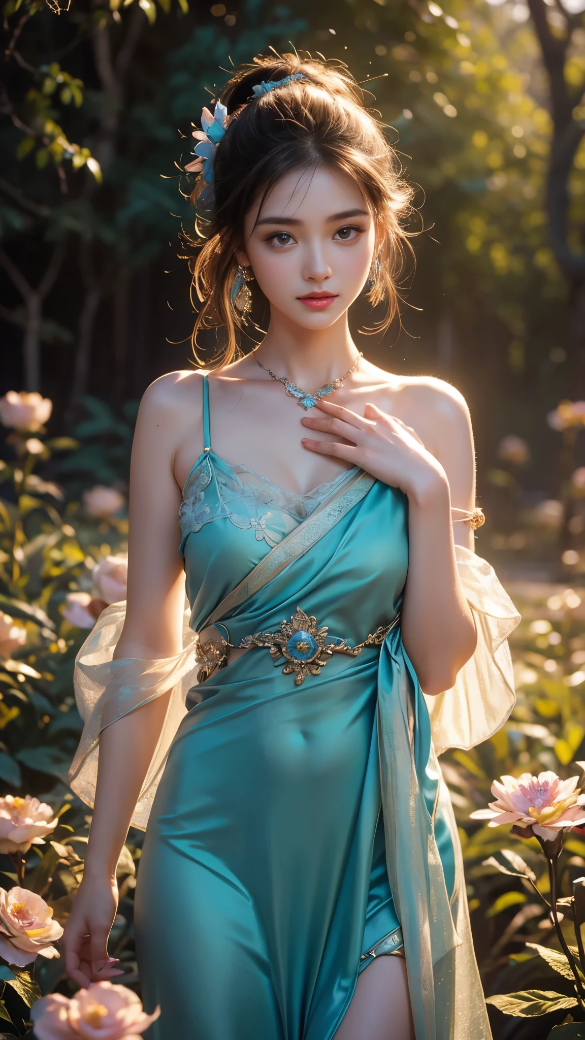 An ultrafine detailed watercolor painting of a gorgeous woman with flowers in her hair, in the style of Alphonse Maria Mucha and Gustav Kilmt, big breasts,art nouveau accents, fairy princess, anthropomorphic female, female figure, pale bluish skin,  cgsociety, 