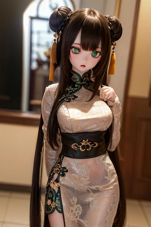 (SFW:2), photorealistic, realistic photo, 8k, ((highest quality)), ((masterpiece)), (extremely detailed), kukolnydom, doll, (mature woman,:1.6), solo, ((cowboy shot, parted lips, green eyes, brown hair)), double buns, (plastic skin, looking at another, glass eyes, gradient eyes, shining eyes, detailed eyes, detailed face:1.3), china dress, qipao, chinese room
