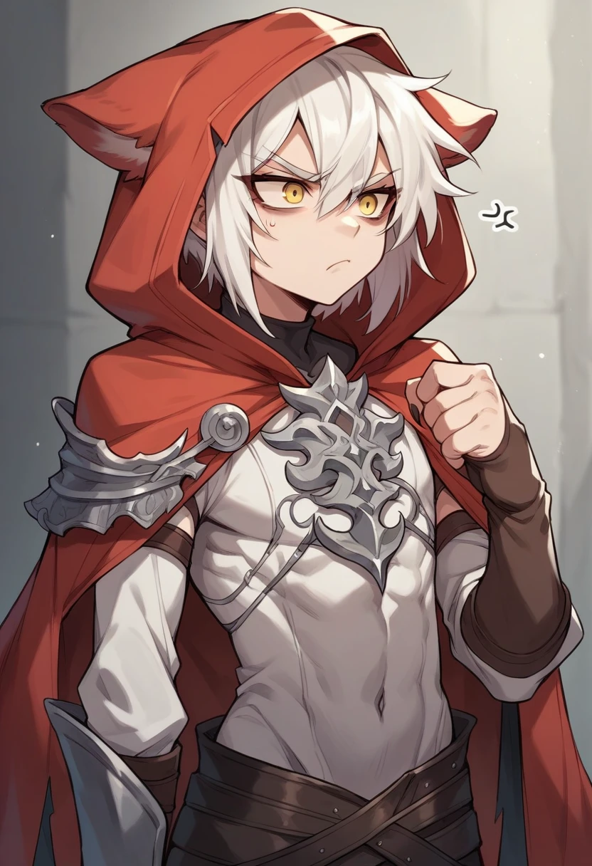 Anime character, large red hood with fur inside, Androgynous but sharp features, Yellow eyes, White hair with grey tips, wolf cut, gender netural, fantasy outfit, annoyed look, metal on outfit