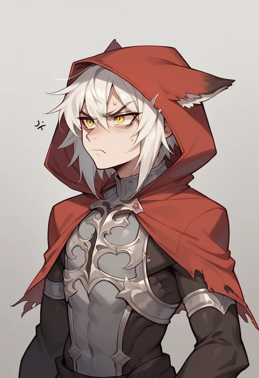 Anime character, large red hood with fur inside, Androgynous but sharp features, Yellow eyes, White hair with grey tips, wolf cut, gender netural, fantasy outfit, annoyed look, metal on outfit