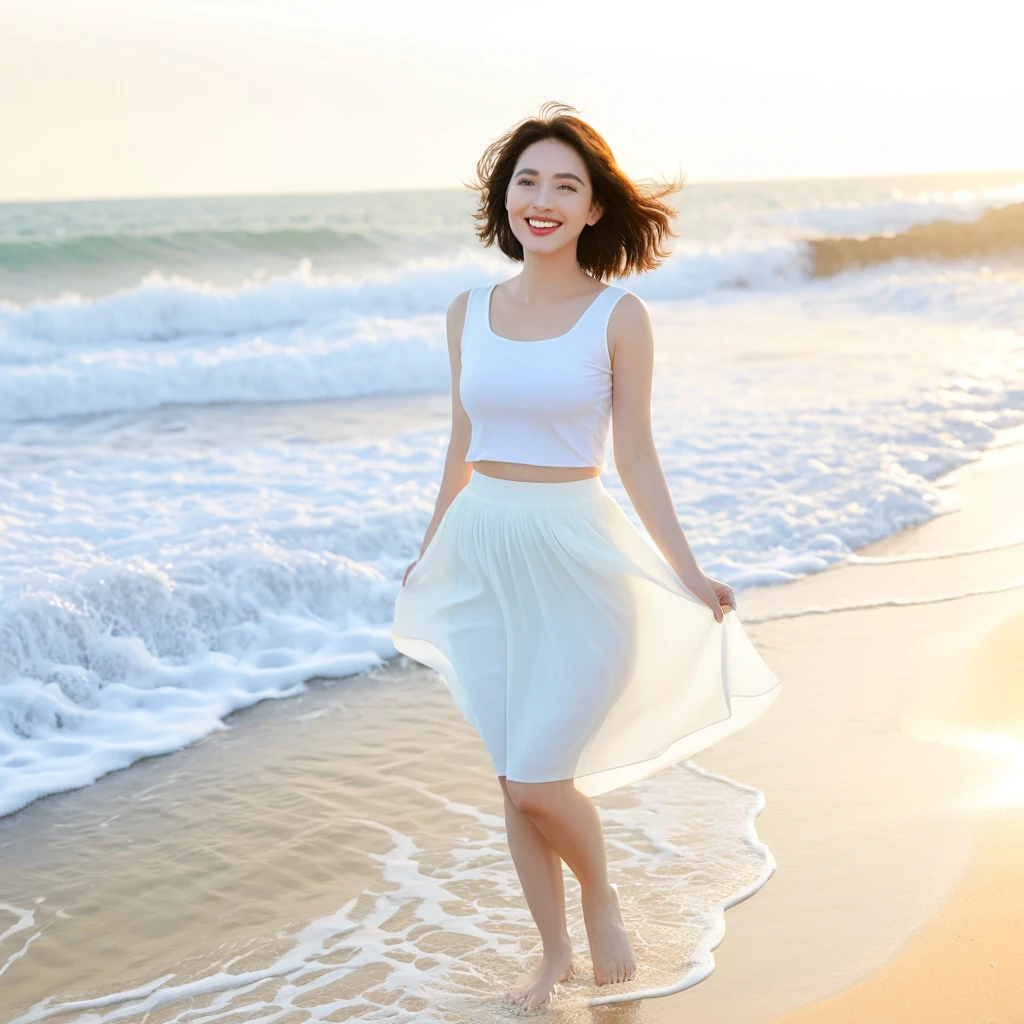 sunset beach soft light，There is a subtle lingering feeling., Beautiful 36-year-old short Korean woman, Chest size 34 inches, Wear white short-sleeved, sleeveless clothing that covers your stomach., lightweight mid length skirt. beautiful pretty woman look , wearing a light skirt , Go far into the sea water and dip your toes., Short medium hair blowing in the wind, 1 woman, beautiful eyes, Smiling, Full-body photo taken from afar with a wide-angle lens, The background is clean and perfect., the waves are coming, short woman