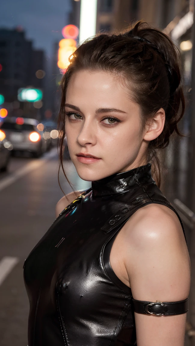 (masterpiece), (photorealistic1.4), (epiCRealLife), (epiCFlashPhoto), (medium height), (medium figure), (night time), (ponytail), (Kristen Stewart), (young woman), (on the street), (close up), (flashphoto), (flash photography), (make up), (laugh), (at night), (cyberpunk leather bodysuit with mesh), (3-al1c3 bodysuit), (cowboy shots), (kst3w-v2)