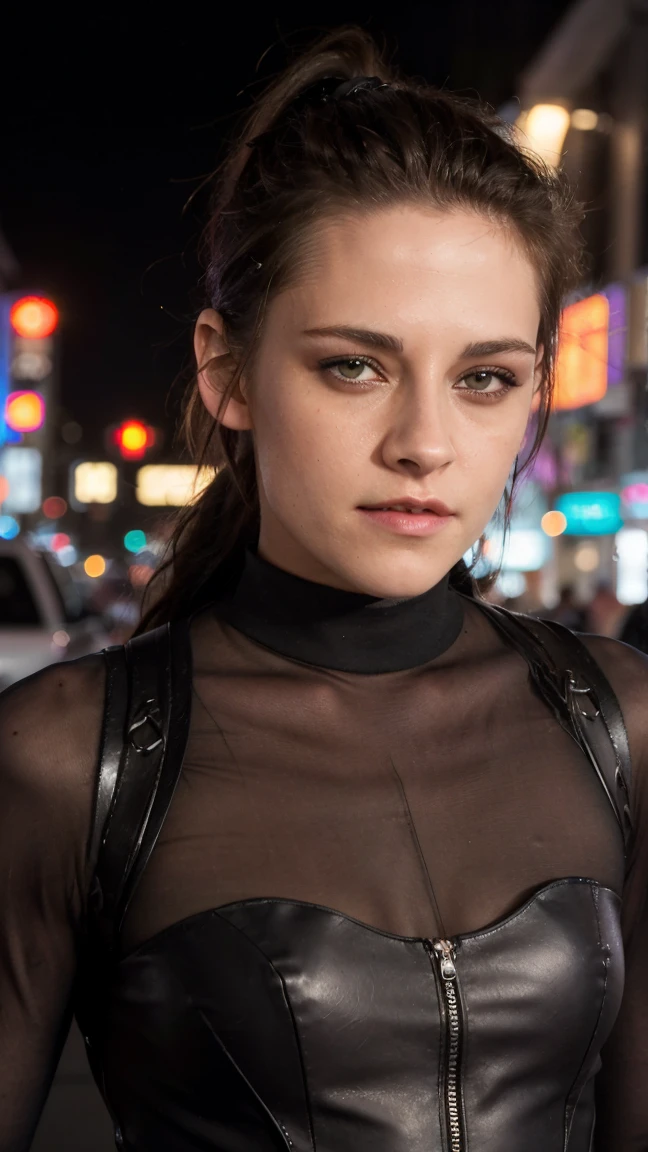 (masterpiece), (photorealistic1.4), (epiCRealLife), (epiCFlashPhoto), (medium height), (medium figure), (night time), (ponytail), (Kristen Stewart), (young woman), (on the street), (close up), (flashphoto), (flash photography), (make up), (laugh), (at night), (cyberpunk leather bodysuit with mesh), (3-al1c3 bodysuit), (cowboy shots), (kst3w-v2)