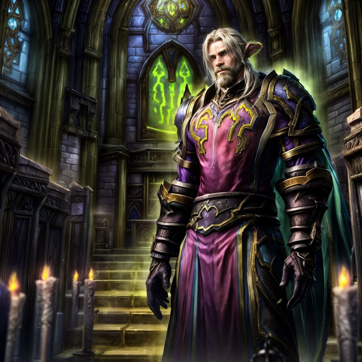 Draego, a medieval knight in shining armor, standing in front of an altar in a large cathedral, dramatic backdrop, high contrast, wide angle lens, vibrant colors, serene, detailed intricate armor, flowing cape, determined facial expression, sunlight streaming through stained glass windows, ornate altar with candles, dramatic shadows, cinematic composition, photorealistic, 8k, hyper detailed, masterpiece, (((World of warcraft stormwind:1.2)))
