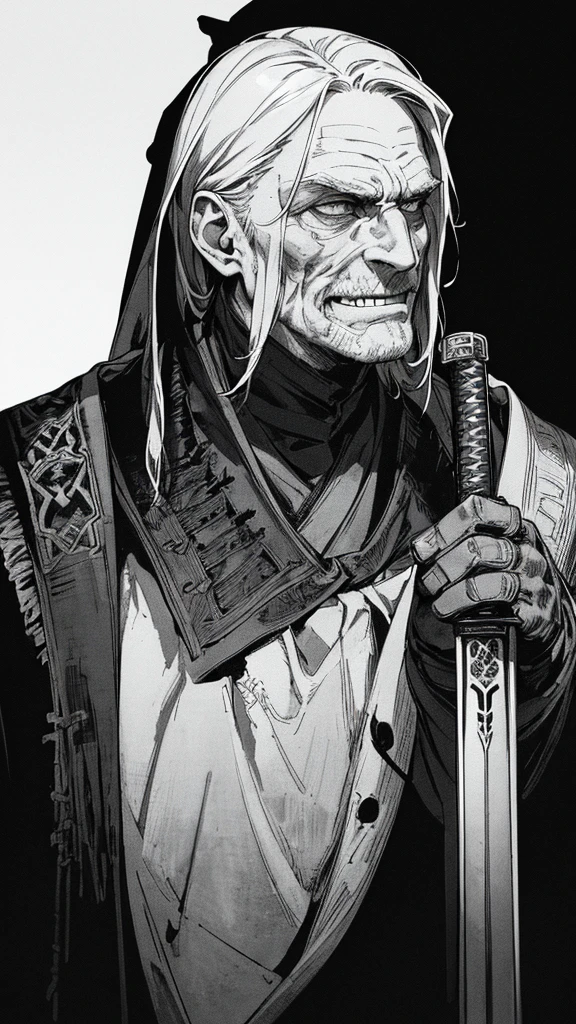 Best quality, (background_detail), high_contrast, detail_original_illustration, warrior, muscular, villain_face, armor, full_body, holding_sword, medieval, deep_wrinkles_on_eyebrows, middle_aged_man, dark_stitch_landscape, (dramatic_lighting:1. 25), (shaded_background:1.2), (gray_back hair:1.) Large figure, Delicate face, Evil smile, Sharp eyes, Black background, (Black background:1. 5) Beautiful line drawing, Black and white