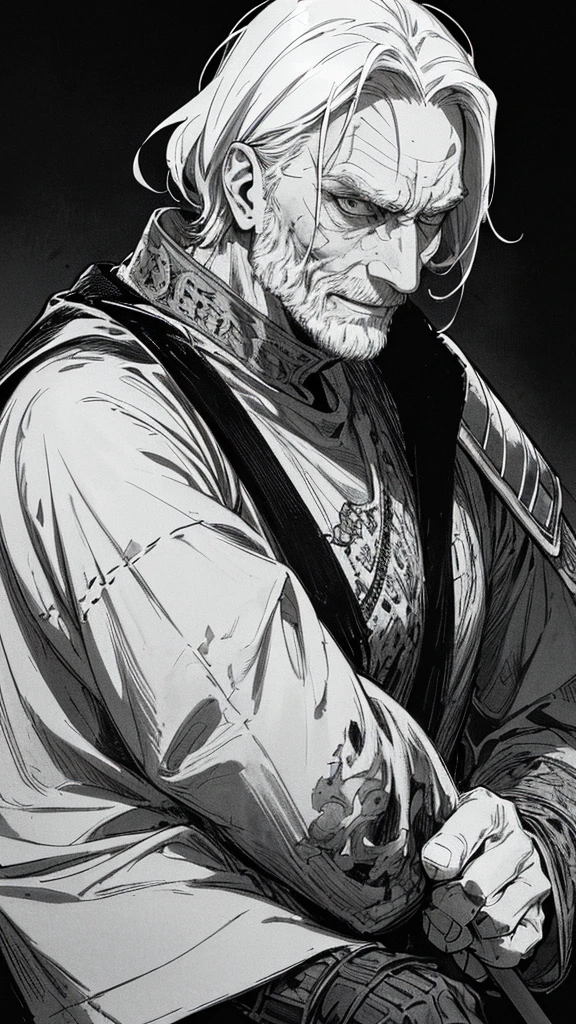 Best quality, (background_detail), high_contrast, detail_original_illustration, warrior, muscular, villain_face, armor, full_body, holding_sword, medieval, deep_wrinkles_on_eyebrows, middle_aged_man, dark_stitch_landscape, (dramatic_lighting:1. 25), (shaded_background:1.2), (gray_back hair:1.)  Large figure, Delicate face, Evil smile, Sharp eyes, Black background, (Black background:1. 5) Beautiful line drawing, Black and white