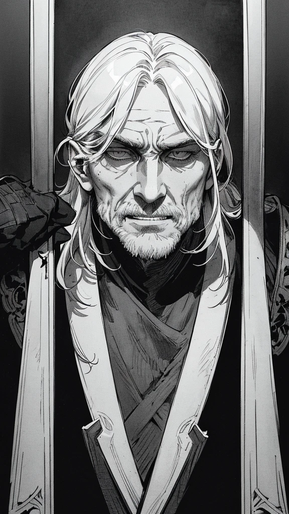 Best quality, (background_detail), high_contrast, detail_original_illustration, warrior, muscular, villain_face, armor, full_body, holding_sword, medieval, deep_wrinkles_on_eyebrows, middle_aged_man, dark_stitch_landscape, (dramatic_lighting:1. 25), (shaded_background:1.2), (gray_back hair:1.) Large figure, Delicate face, Evil smile, Sharp eyes, Black background, (Black background:1. 5) Beautiful line drawing, Black and white