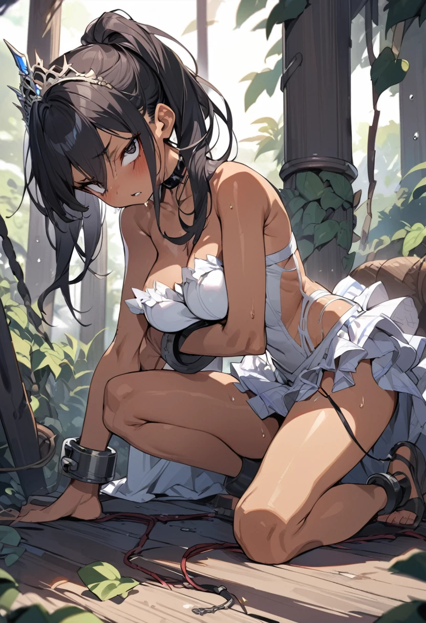 (anime style),masterpiece, best quality, extremely detailed,10Years old,tanned skin,dark skin, Beautiful body,Large breasts,BREAK,multicolored colorful black hair,shaggy hair,long hair,long ponytails hair,BREAK,black eyes,black choker,dignified face,disgust,sensual face,open mouth,detailed lips,,BREAK,with vertical stripes sweater,tiara,ripped Princess bridal gown,micro skirt,break,head tilt,in the barbarian camp Night,hands on breasts,up half knee,ivy clinging to the body,arching back,shackles and cords,sweating,upturned eyes,