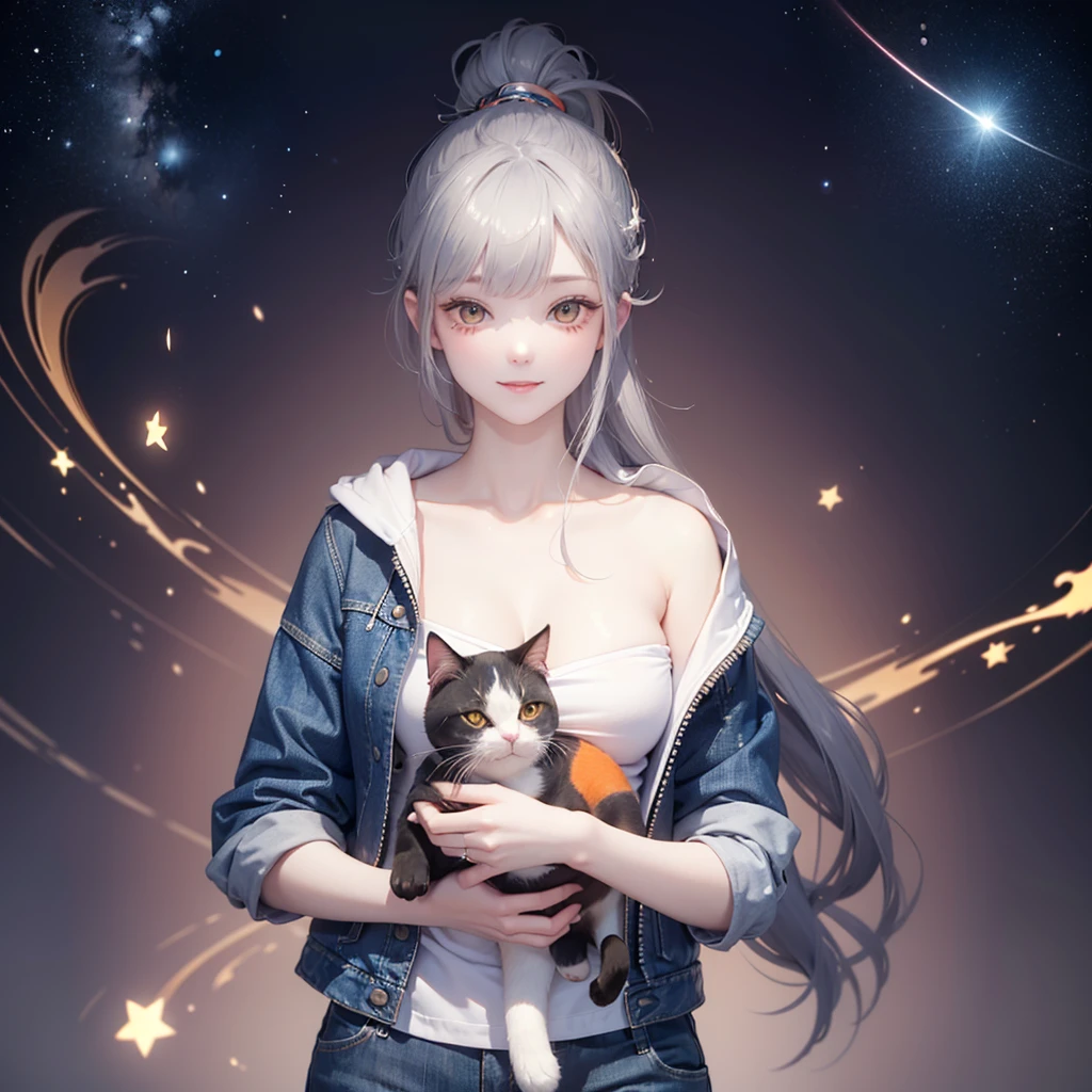 (((Holding a cute orange fat cat with super short legs in both hands,Correct anatomy))),((Highest quality,masterpiece,一位Mature美女,Super thin air parted bangs,Light blue denim gray hooded jacket,Blue gray high ponytail super long straight hair,Double sideburn curly hair,Hair ends curled in,Gray powder clothes,Exposed clavicle,Show all ears)),((Mature,Smile slightly,Look at the camera head-on)),starry sky galaxy background,Matte denim texture