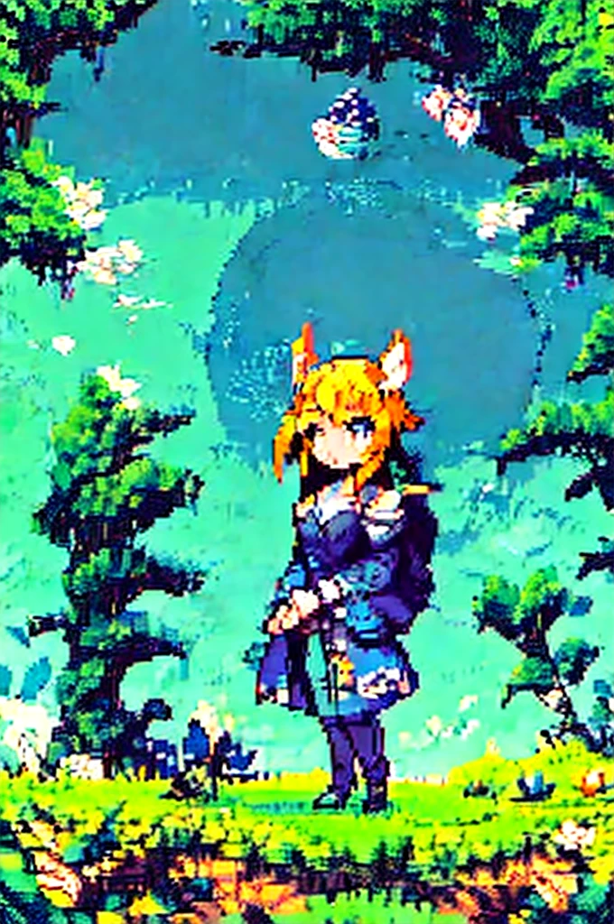 Create a scene where a pixel art girl stands amidst a beautiful landscape. The girl is standing in a vibrant summer flower field, with a backdrop of blue sky and fluffy white clouds. Butterflies flutter around her, and in the distance, lush green forests stretch into the horizon. Her expression is serene, with the wind gently tousling her hair. Please depict this scene in pixel art style