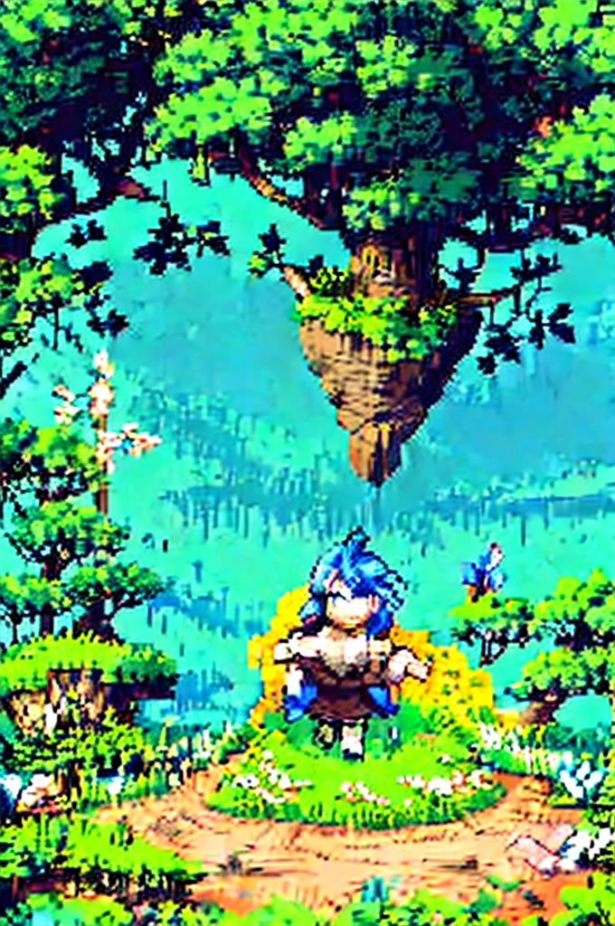 Create a scene where a pixel art girl stands amidst a beautiful landscape. The girl is standing in a vibrant summer flower field, with a backdrop of blue sky and fluffy white clouds. Butterflies flutter around her, and in the distance, lush green forests stretch into the horizon. Her expression is serene, with the wind gently tousling her hair. Please depict this scene in pixel art style