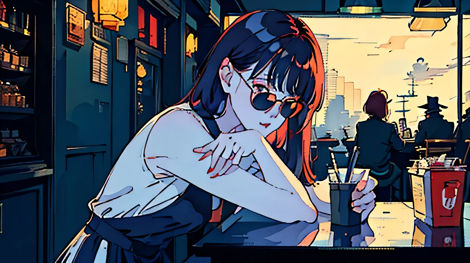 night、Beautiful redheaded Asian girl sitting alone in a cafeteria, Visible from the window, Perfect Face, sunglasses, Smoke a cigarette, Neon Black, (Backlight: 1.1), Hard Shadows, masterpiece, Highest quality, Complex, Model shooting style, Vintage, Film Grain,Hold a cigarette,cigarette,16:9