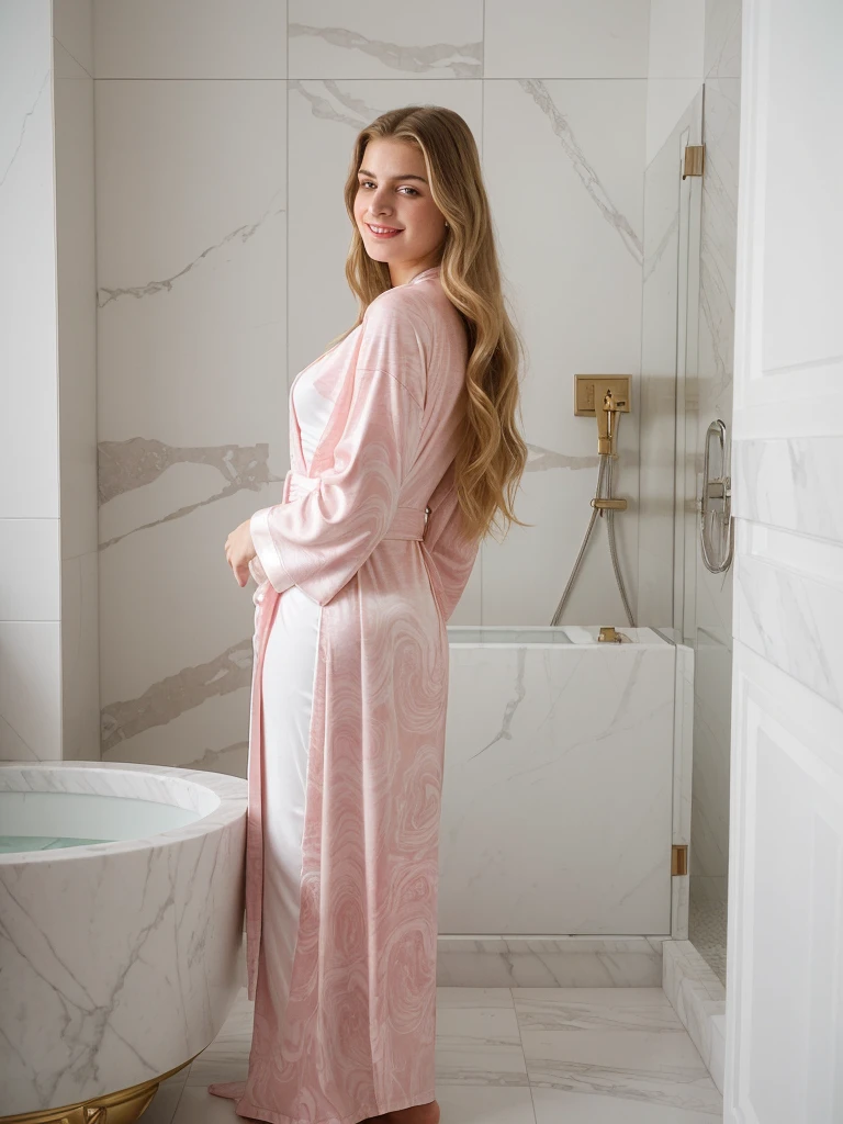 hannahhays, ugly:1.2, solo, (realistic, photorealistic, hyperrealistic, ((Greek woman, Greek features)), (((18 years old, 18 year-old woman, 18 year-old body))), (((medium straight long blonde hair, blond hair))) ((thin body, flat chested)), fair complexion, ((she is standing seductively inside a luxurious bathroom adorned with a white and pink marble theme, characterized by elegant and modern design elements. The walls and floors feature sleek white and pink marble tiles, creating a sophisticated and serene ambiance. She is dressed in a striking red marble print robe, which contrasts beautifully with the soft colors of the bathroom. The robe is likely plush and luxurious, adding to the overall comfort and indulgence of the setting. The bathroom is equipped with stylish fixtures such as a sleek vanity with a marble countertop, a large mirror with soft lighting for a flattering glow, and possibly a spacious bathtub or a walk-in shower enclosed in glass.))), she is looking at the camera smiling, (((dynamic pose))), (((butt out))), half body shot