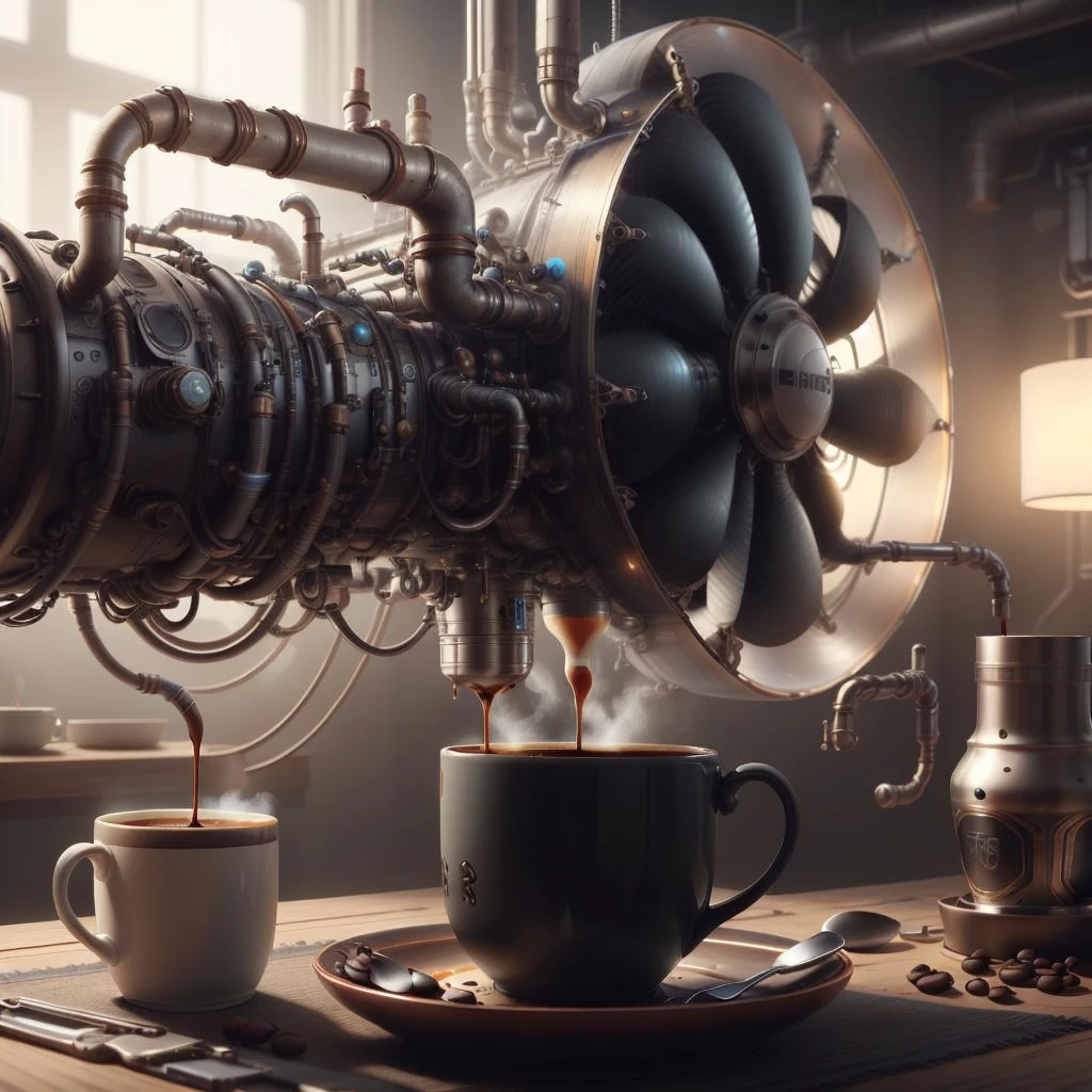 windtech , scifi,  , pipes ,  (cyberpunk:0.7),
coffee machine pouring coffee , mug , on a table