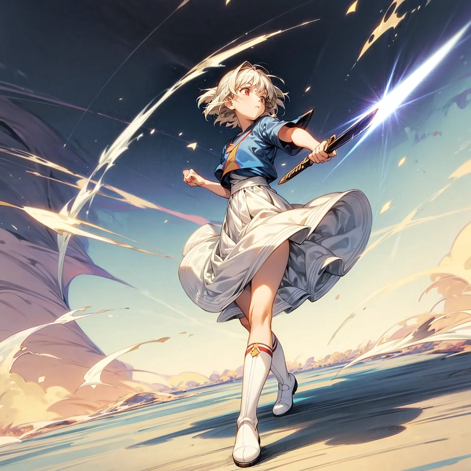 1childern girl, Full body version, 1character, just children version, light red eyes color, short hairstyle, white colour hair, saber style clothing, Long skirt, long socks, long boots, knife in hand, full background, Grassroots background in village, motion blur, shadow, standing gesture, (captain Tsubasa style art)