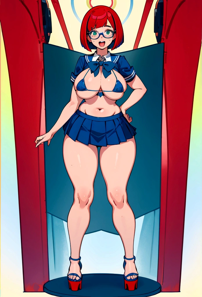 whole body to see, Open mouth, excited, moans, Bob cut hair, very wide hips, very huge thighs, wide thighs, blue mini bikini, freckles, redhead, glasses, platform heels, fullbody, School skirt, front pose, standing,