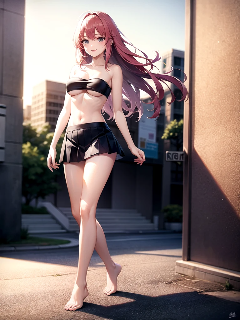 girl,Young,(masterpiece,Highest quality),Street,Completely naked,Bare shoulders、Gal、Pink Hair、smile、passionate、long hair、(Underboob),Big Breasts,Cleavage,(stomach),Black mini tube top、looking at the camera、barefoot、A very short black miniskirt,(Ultra Micro Mini Pleated Skirt),Strong winds、No underwear、solo、Are standing、barefoot,City